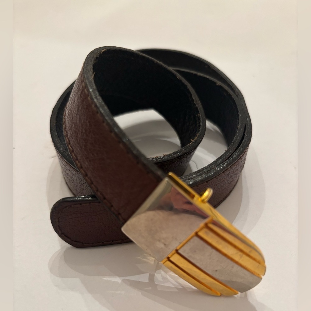 Vintage Italian Brown Leather Belt Two Tone Buckle Size XS